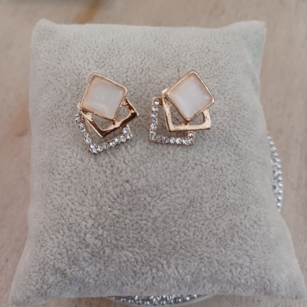 Cats Eye and Crystal Gold Geometric Square Stud Earrings - Picture 3 of 5